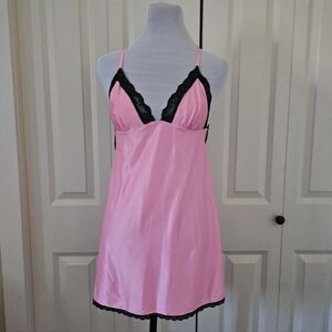 La SENZA pink Lace Trim Chemise Slip Teddy Lingerie Sz S